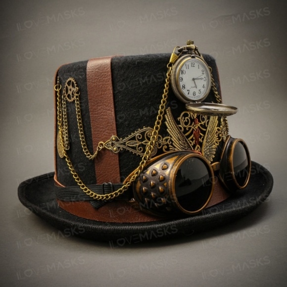 Steampunk Burning Man Top Hat with Goggles & Watch - Picture 3 of 5